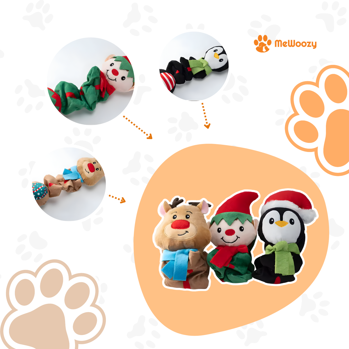Uitgerekte en ingedrukte kerstknuffels naast elkaar, pijlen tonen het verschil