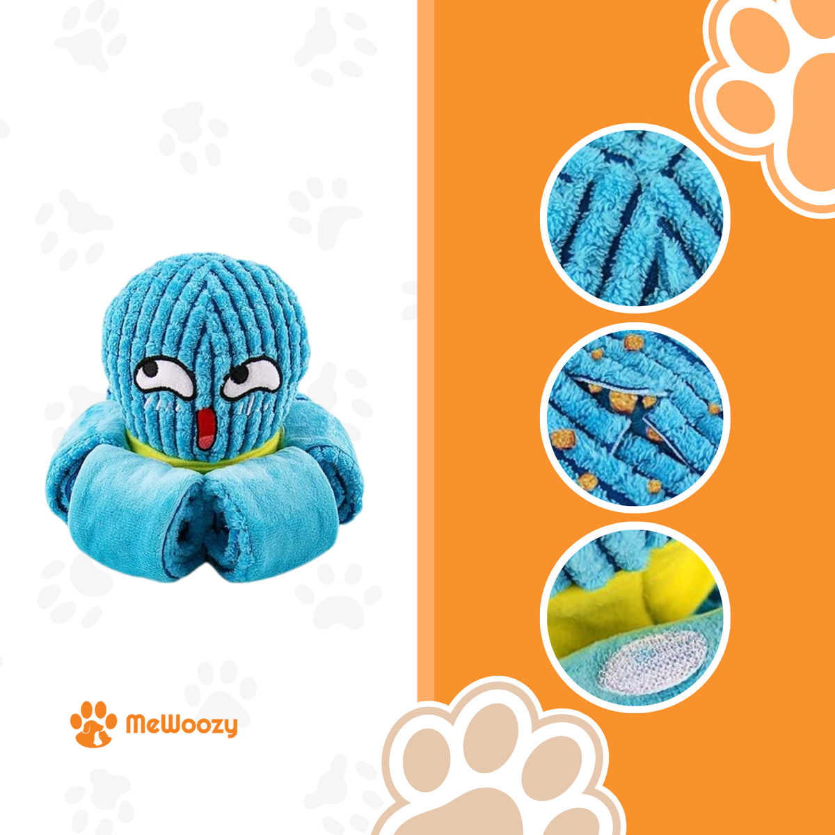 Blauwe octopus met close-ups van fleece flapjes, brokjes en piepertje