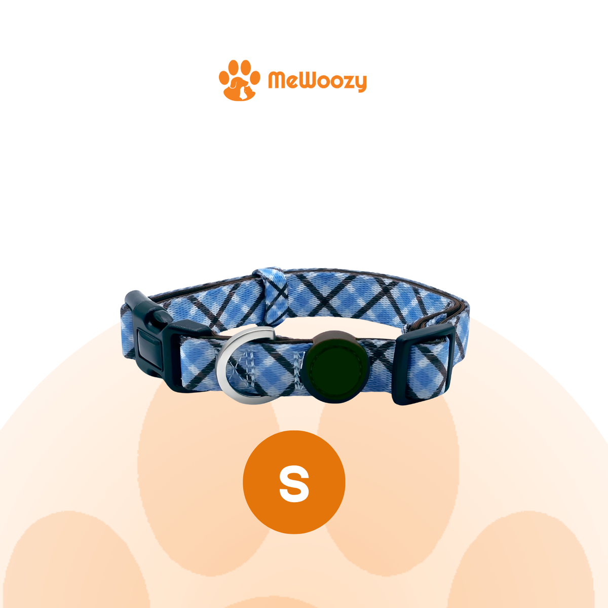 Blauwe tartan halsband met oranje label voor maat S