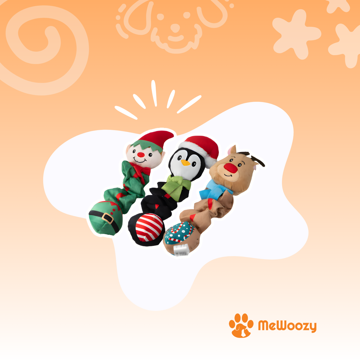 Set van drie pluche kersthondenknuffels: elf, pinguïn en rendier met uitrekbaar lijf
