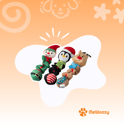 Set van drie pluche kersthondenknuffels: elf, pinguïn en rendier met uitrekbaar lijf