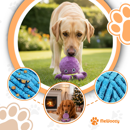 Labrador met paarse octopus in de tuin en golden retriever bij open haard