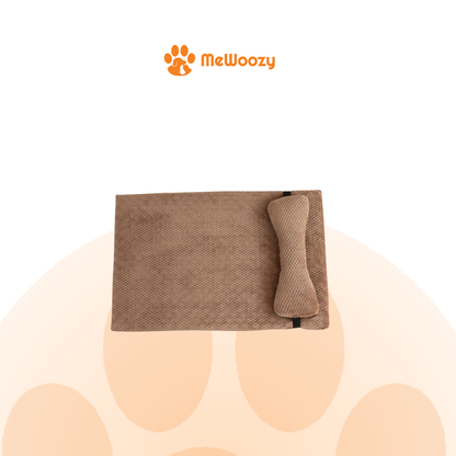 Plat pluche hondenbed en kattenbed in bruin met los botvormig kussen