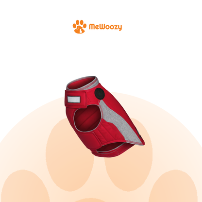 Het kalmerende vest in rood met grijze baan en klittenbandsluiting