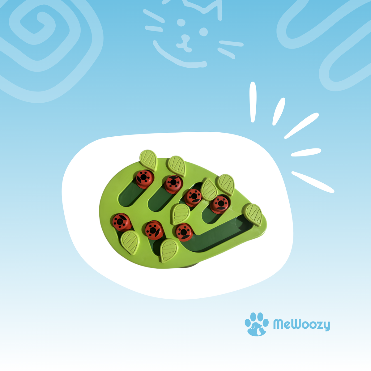 Groene traktatiepuzzel voor katten met rode lieveheersbeestjes en draaibare blaadjes