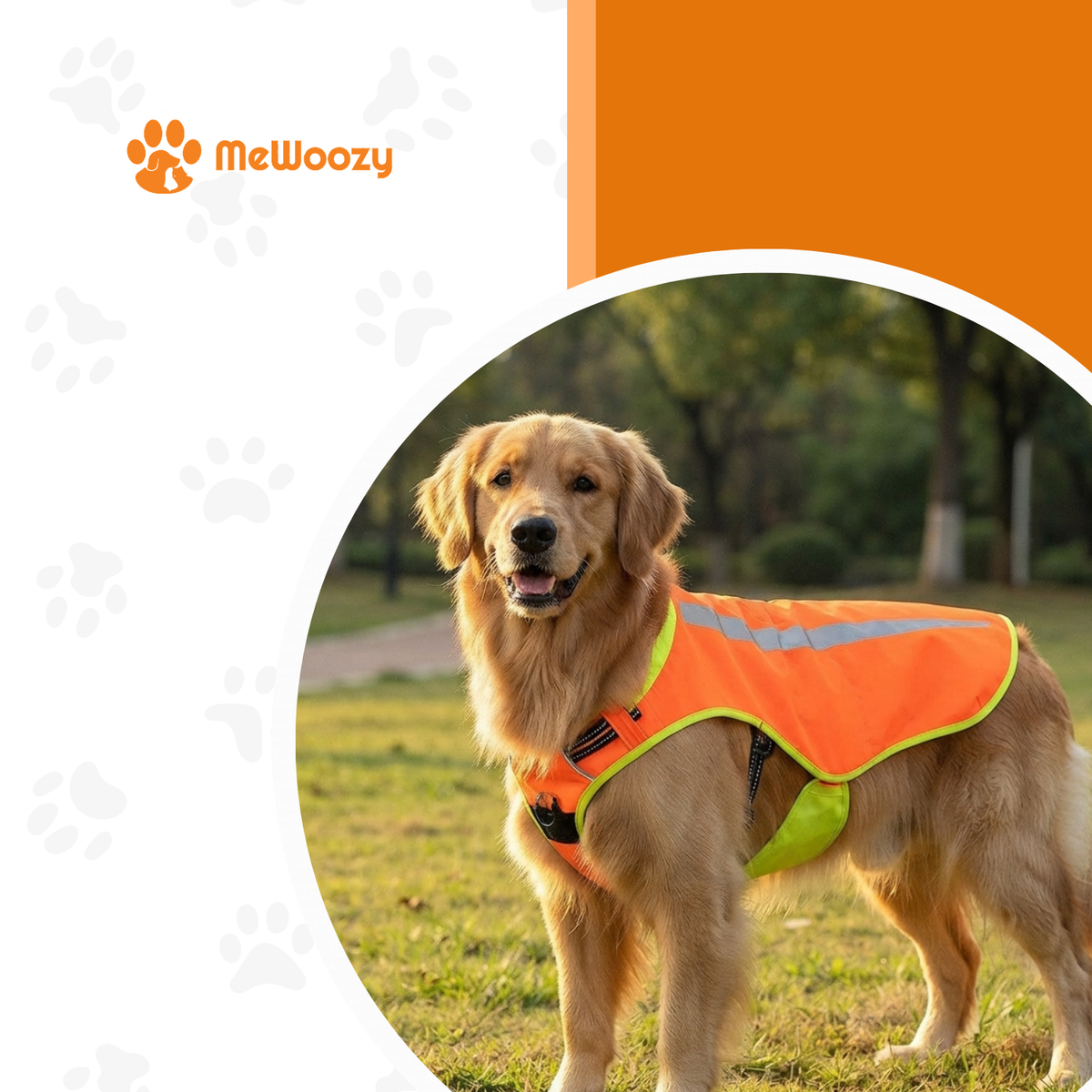 Golden retriever in een park met het oranje veiligheidshesje om