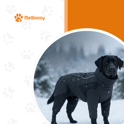 Zwarte labrador staat in de overall in de sneeuw tussen dennenbomen