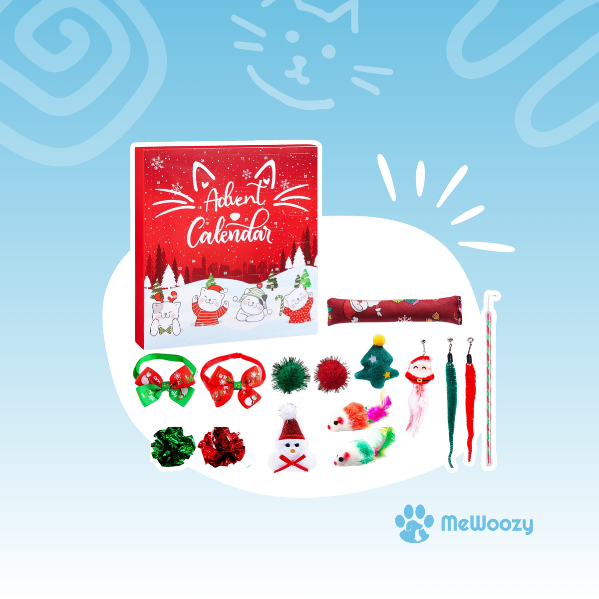 Rode adventskalender voor katten met kerstspeeltjes, strikjes, balletjes en een kattenhengel