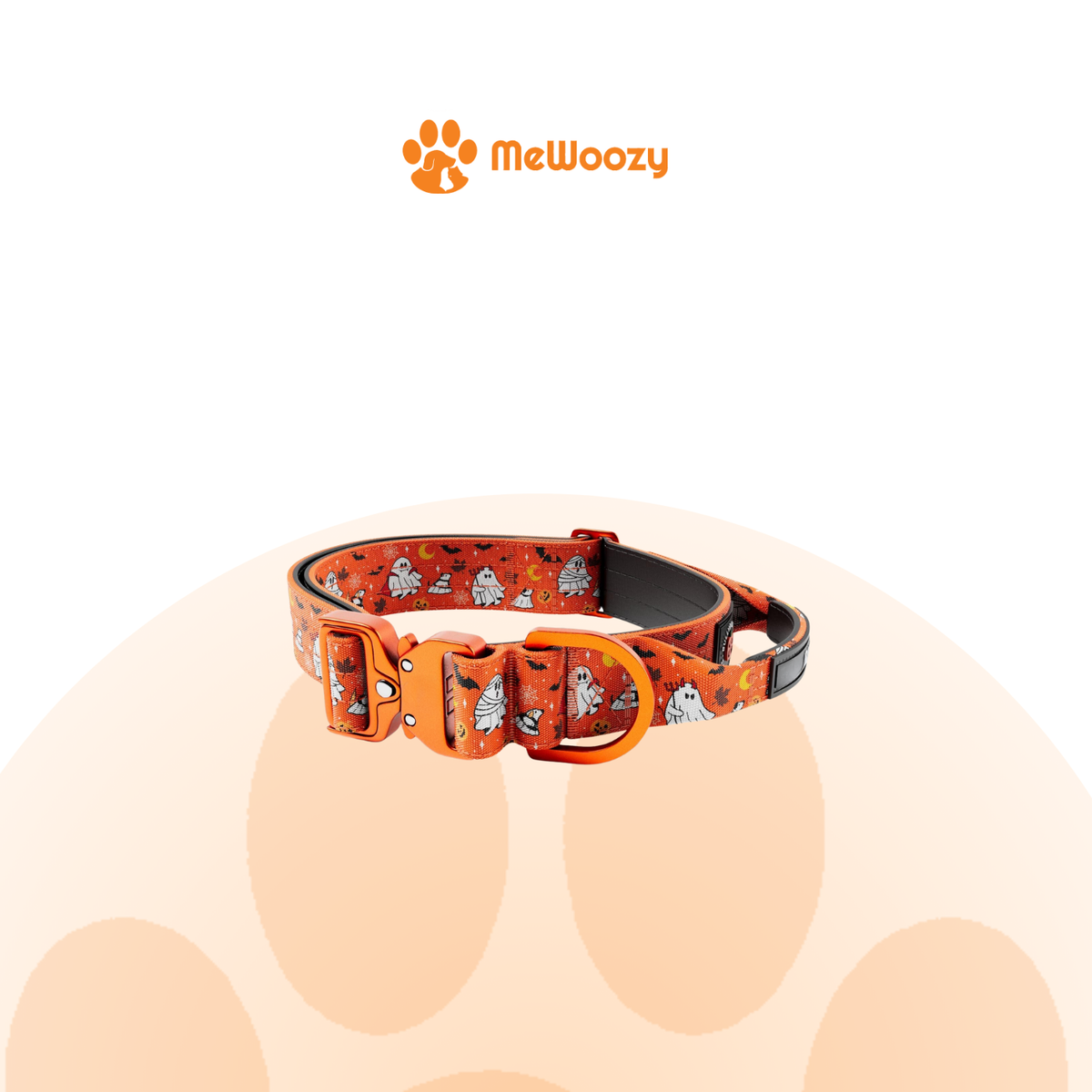 Oranje hondenhalsband met handgreep, spookjesprint en zwarte neopreen voering