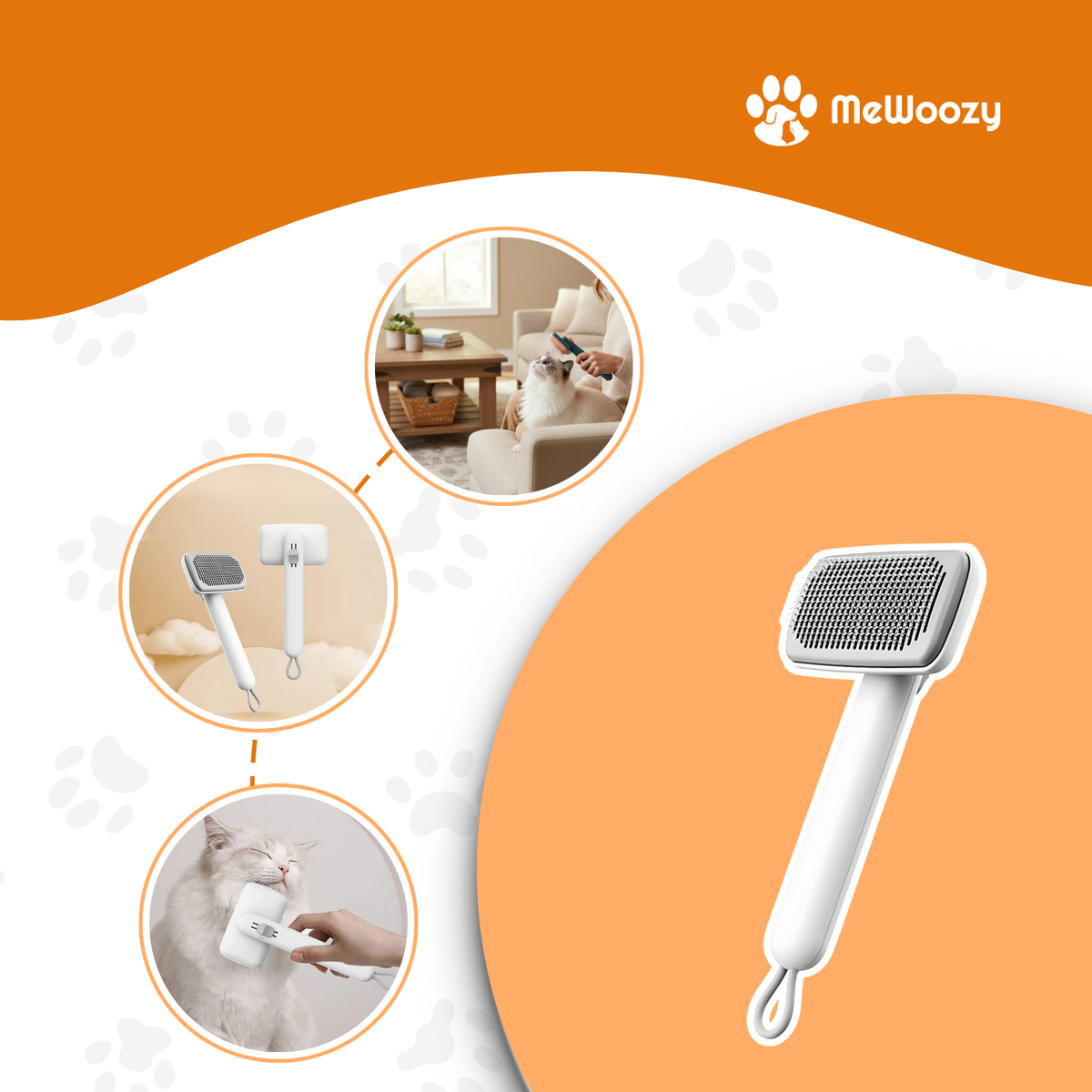 Witte kattenborstel met kleine beelden van een kat die geborsteld wordt
