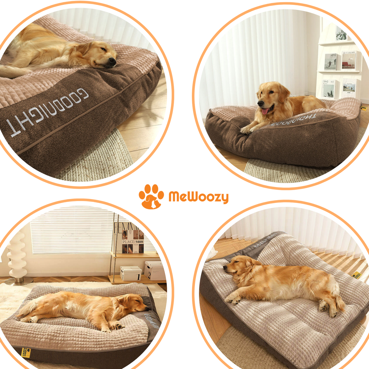 Vier sfeerbeelden van een golden retriever liggend op het hondenkussen binnenshuis