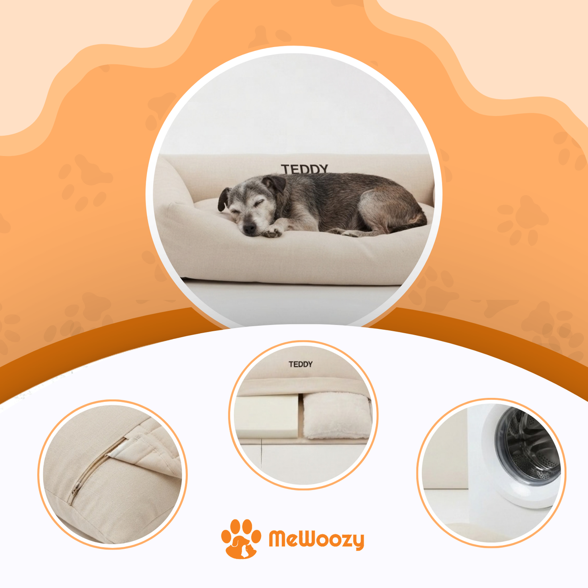 Oude hond slaapt op het bed, met rits, losse vulling en wasmachine
