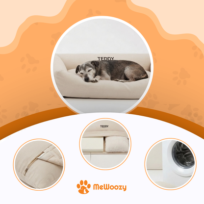 Oude hond slaapt op het bed, met rits, losse vulling en wasmachine