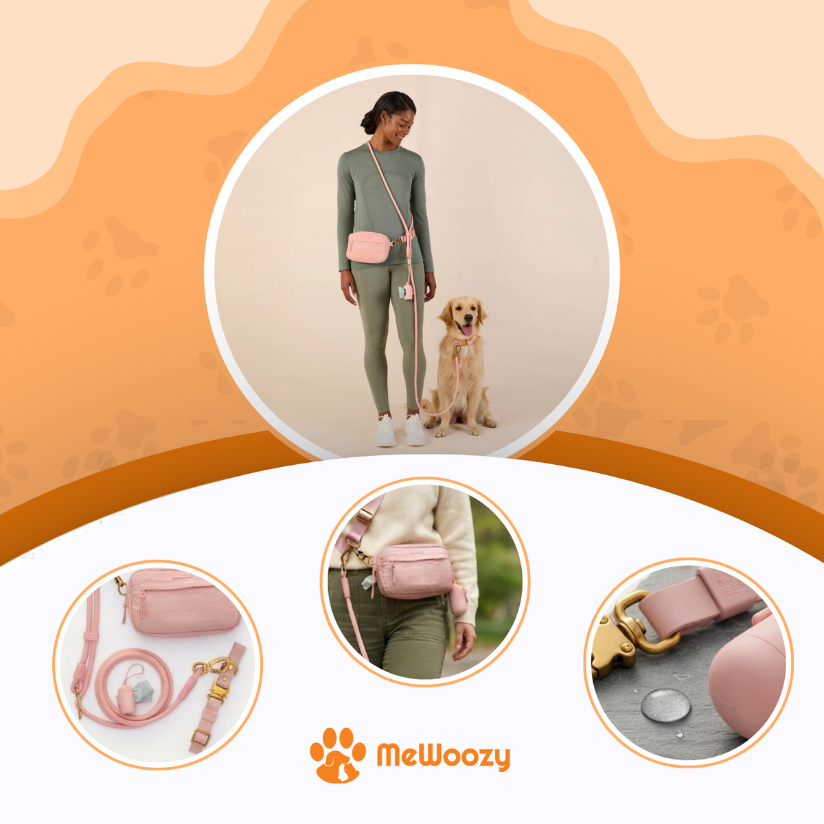 Vrouw met golden retriever en roze set, plus close-ups van tas, lijn en sluiting