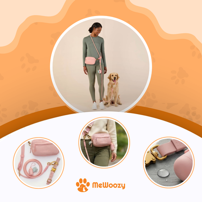 Vrouw met golden retriever en roze set, plus close-ups van tas, lijn en sluiting