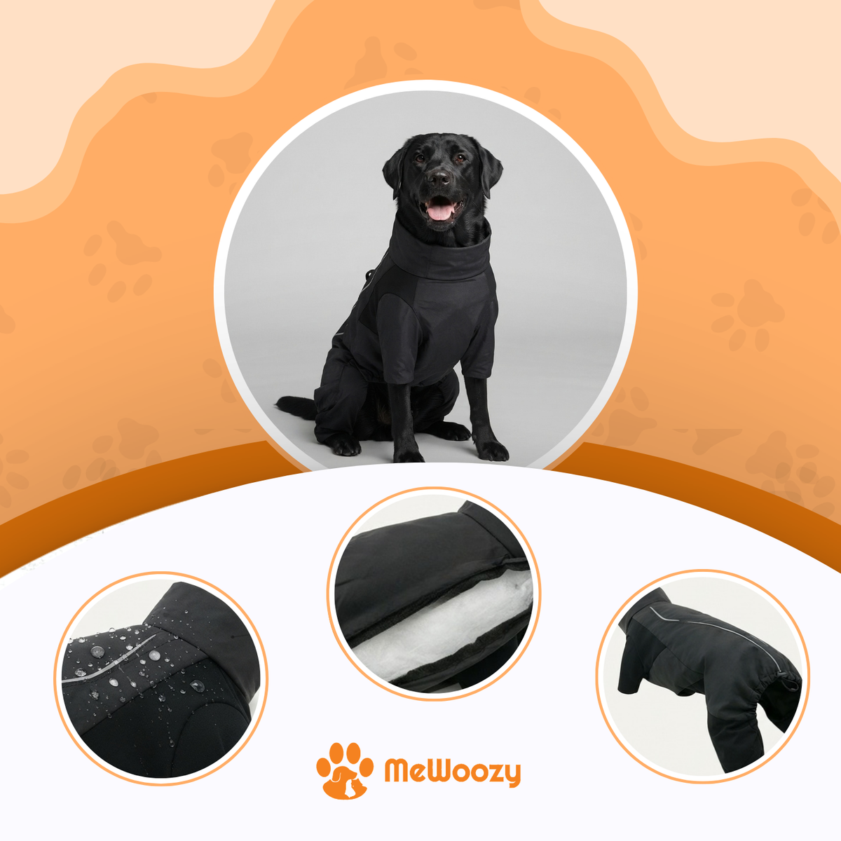 Zittende zwarte labrador in de overall met close-ups van voering en waterdichte stof