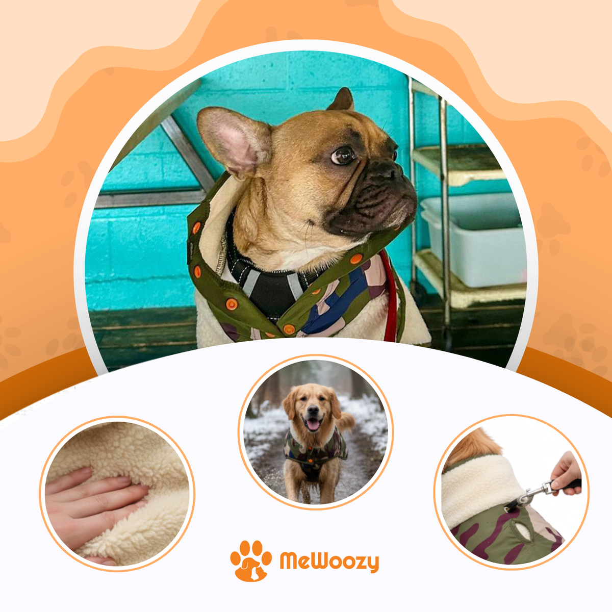Franse bulldog in de jas met harnas, plus close-ups van fleece en riemopening