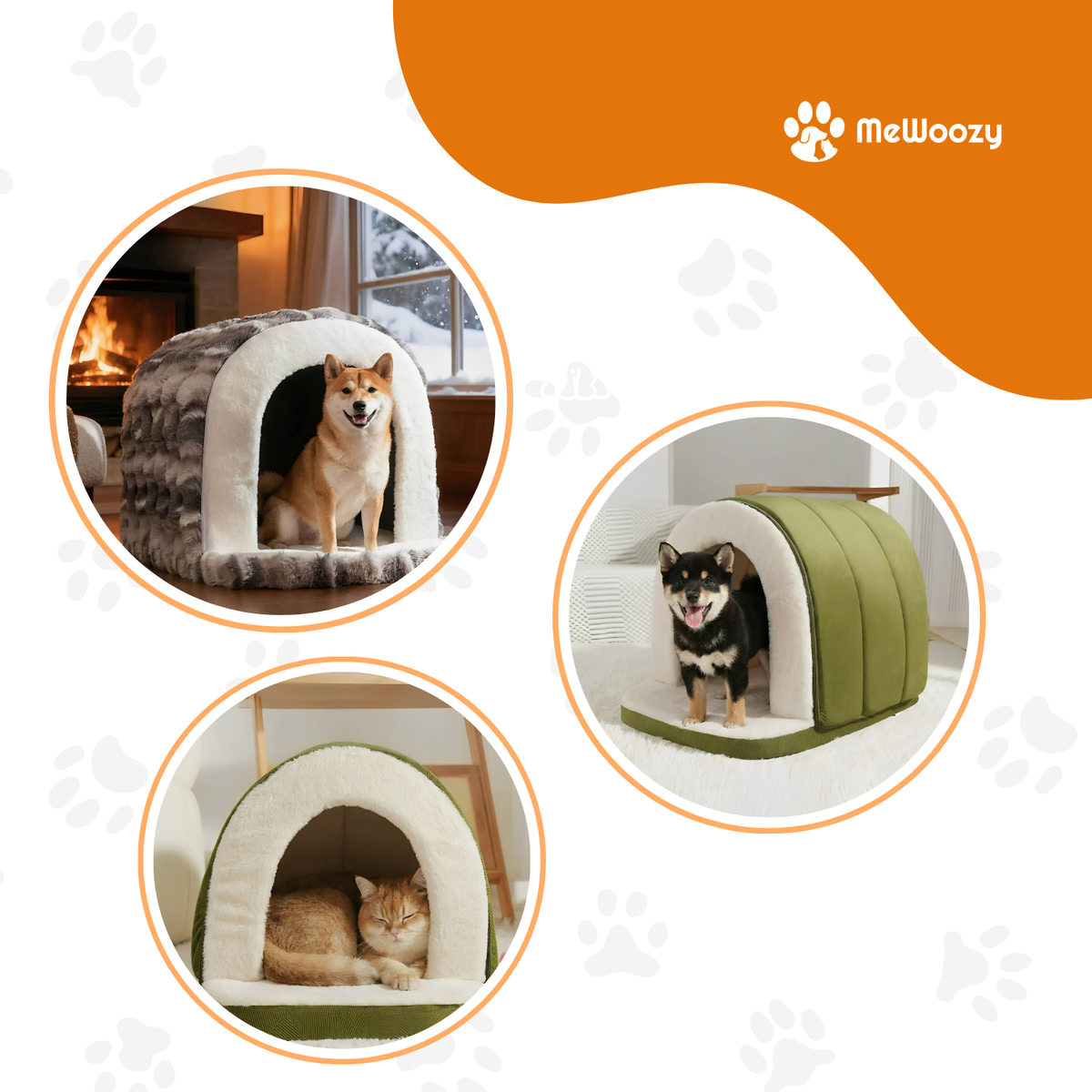 Shiba-honden en een slapende kat in verschillende kleuren van het iglobed