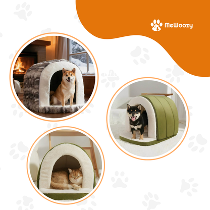 Shiba-honden en een slapende kat in verschillende kleuren van het iglobed
