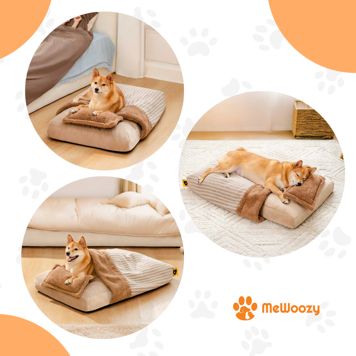 Drie foto's van een shiba inu liggend op het hondenbed binnenshuis