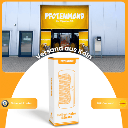 Witte verpakking van de borstel voor een gebouw met geel Pfotenmond-bord