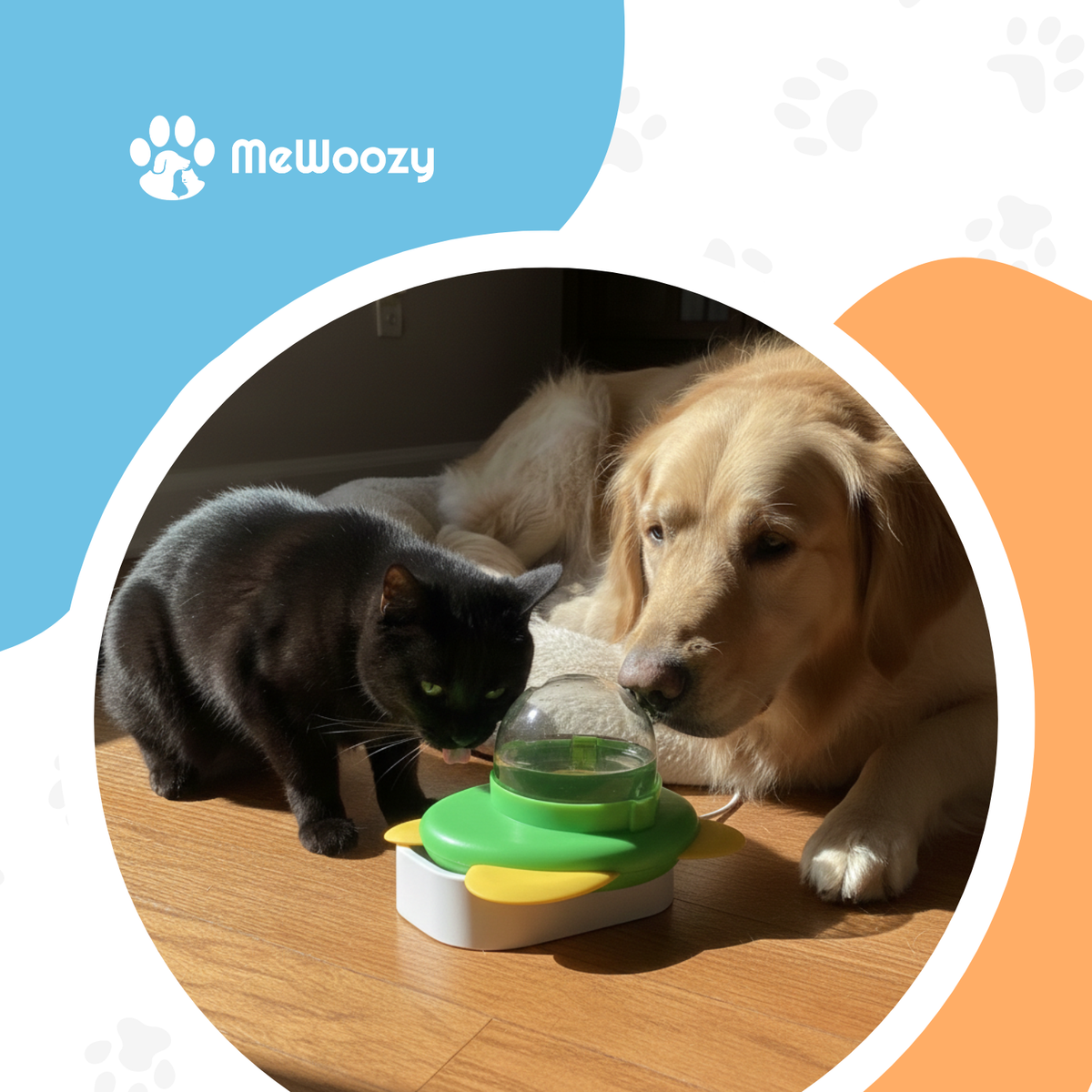 Zwarte kat en golden retriever bij de groene snackbal op houten vloer