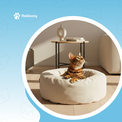 Bengaalse kat zit in het witte kattenbed in een lichte woonkamer
