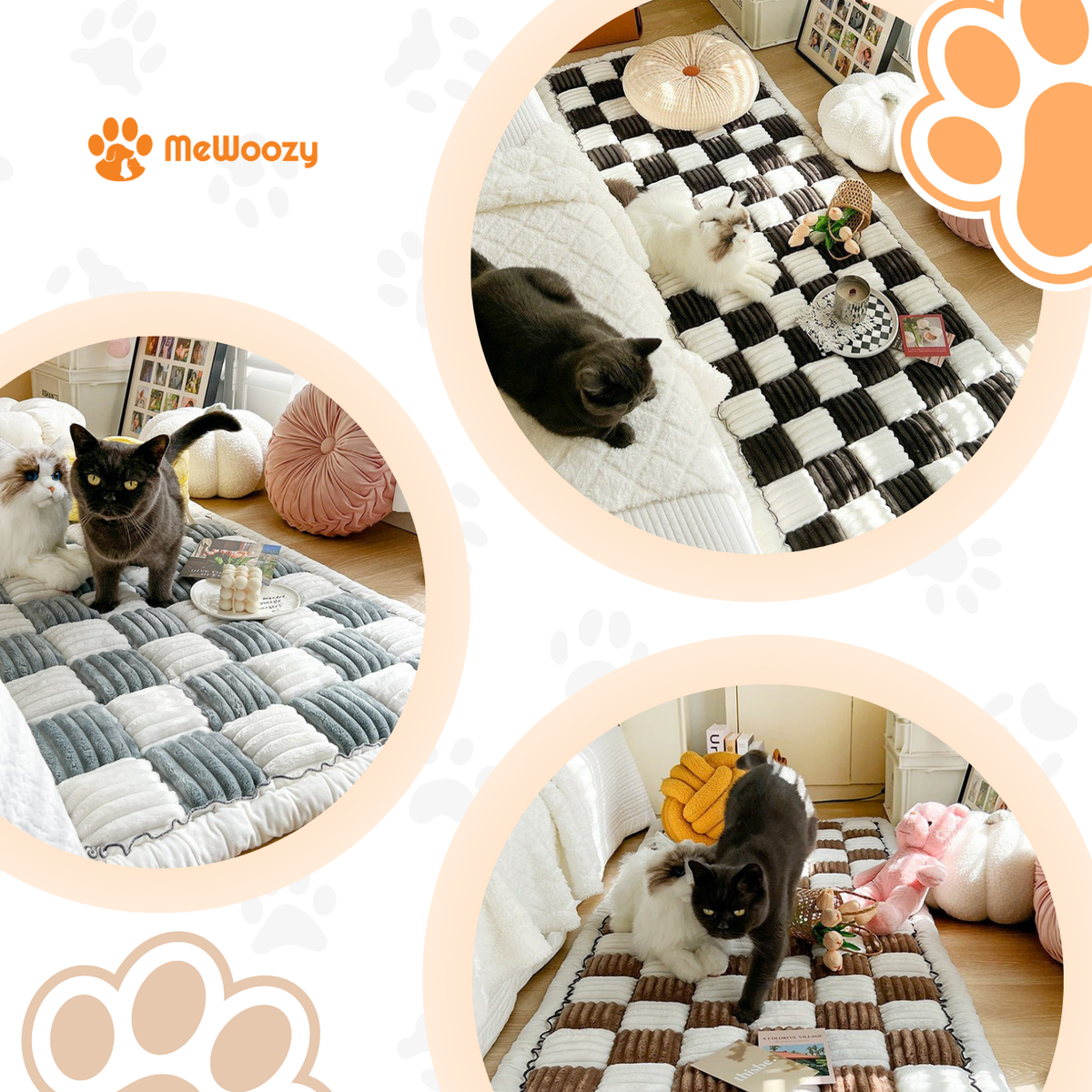 Katten liggen en staan op de geblokte pluche kleed in drie kleuren