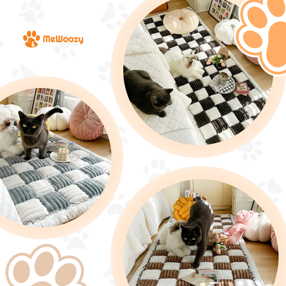 Katten liggen en staan op de geblokte pluche kleed in drie kleuren