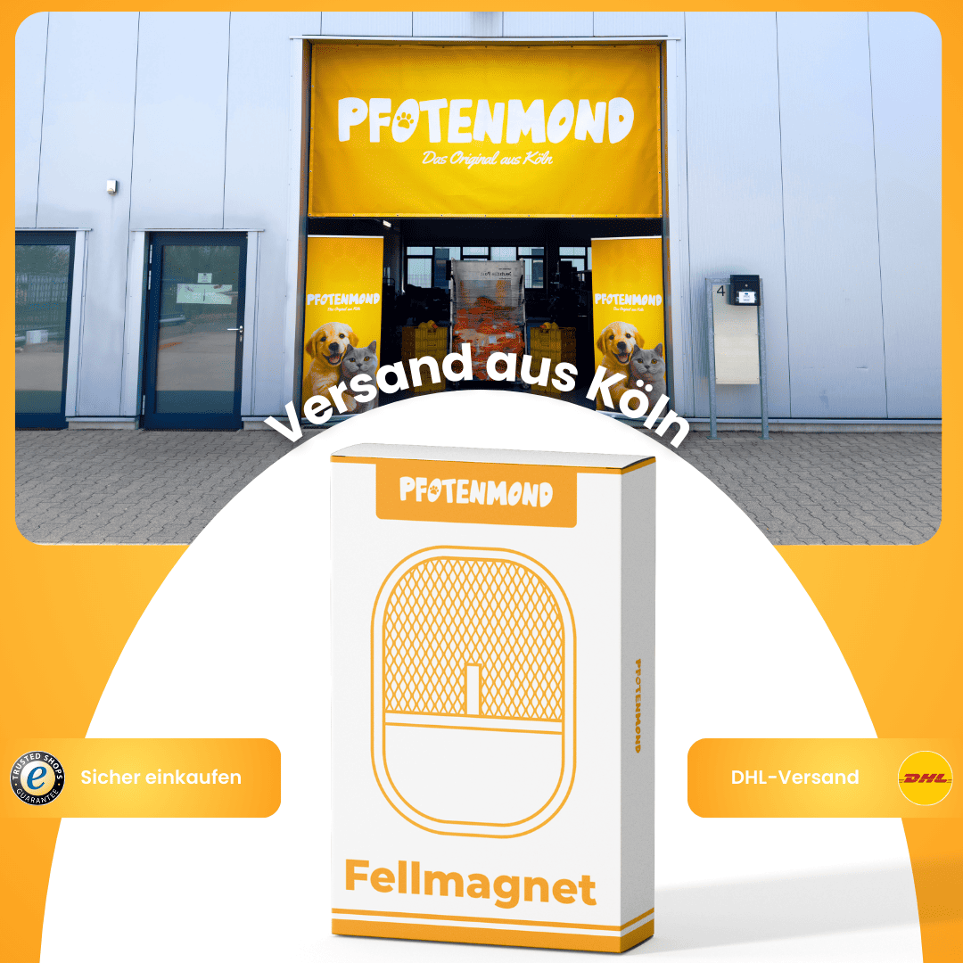 Gele verpakking van de handschoen voor een magazijngebouw met tekst over verzending uit Keulen