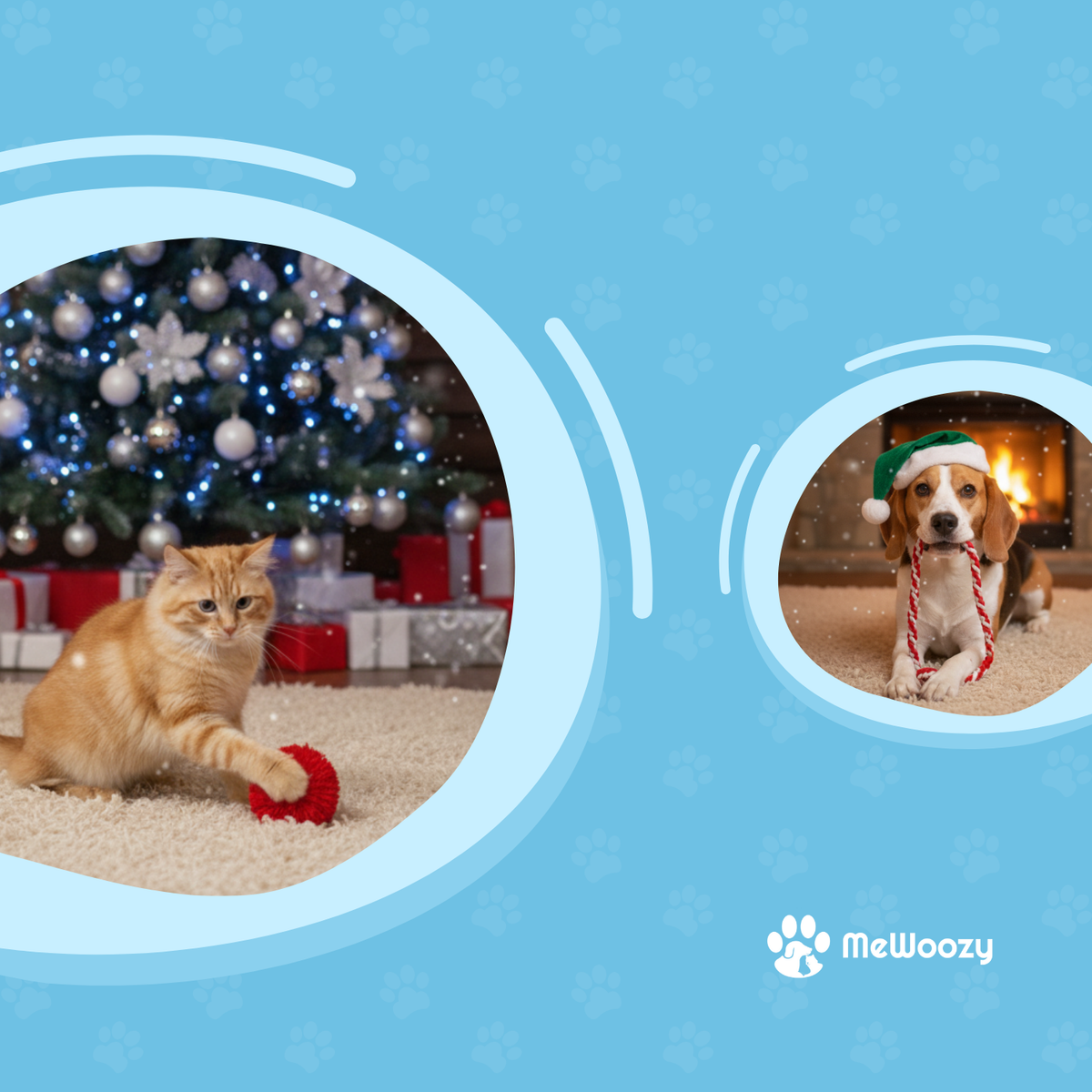 Rode kat speelt met bal bij kerstboom en beagle met touwspeeltje