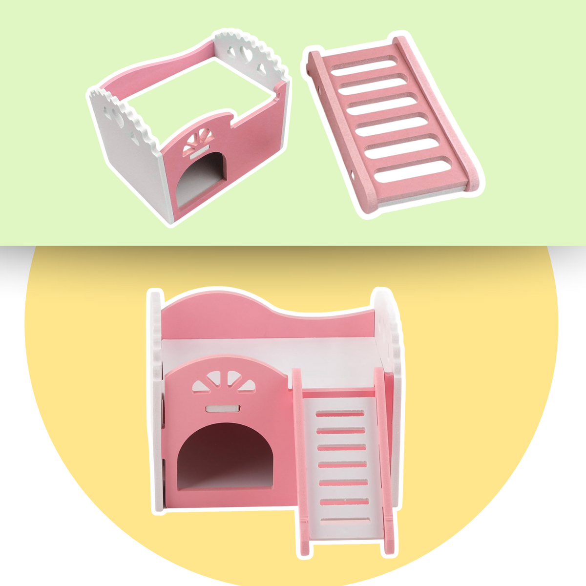 Losse onderdelen van het roze stapelbed en het in elkaar gezette huisje