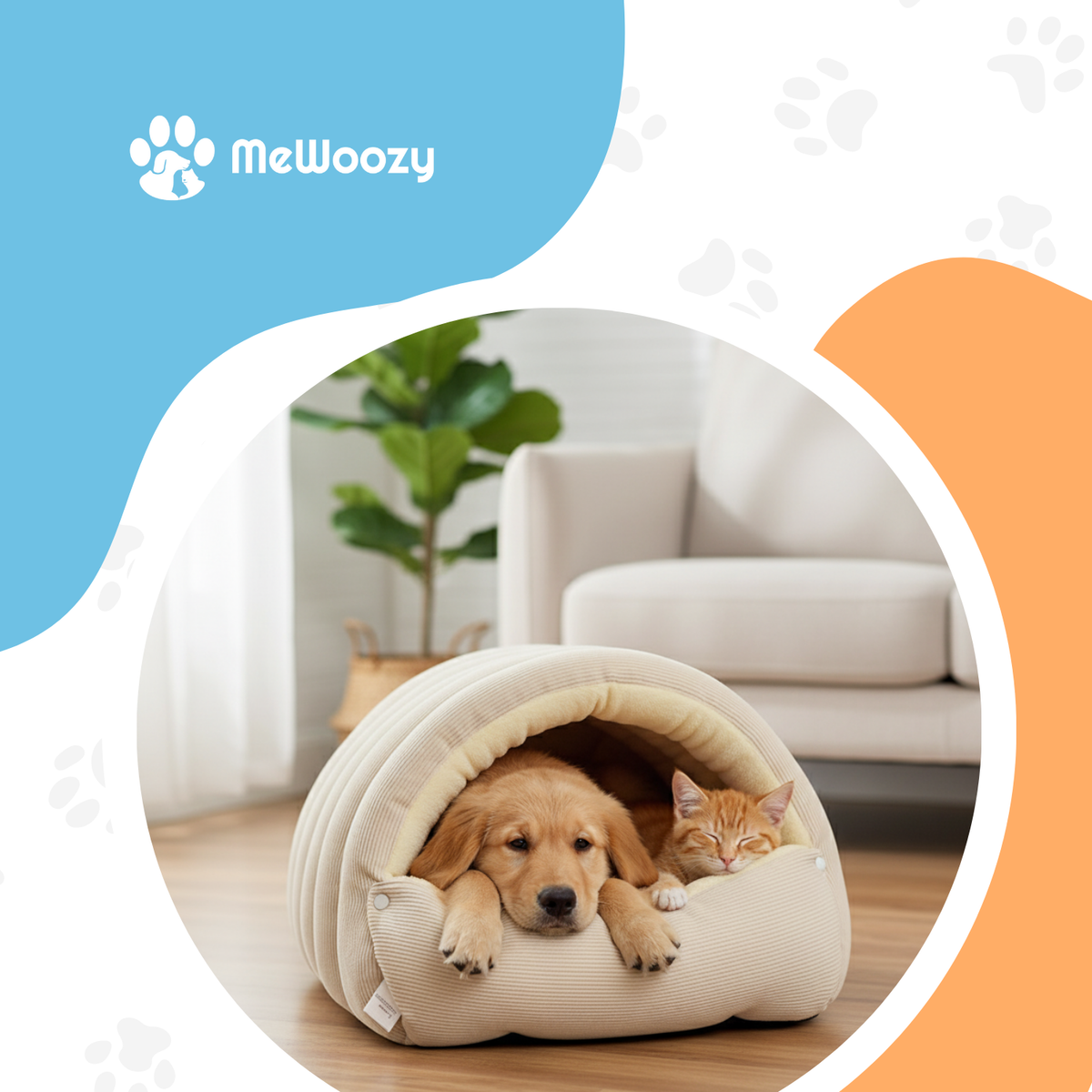Puppy en rode kitten liggen samen in de beige hondenmand in een woonkamer