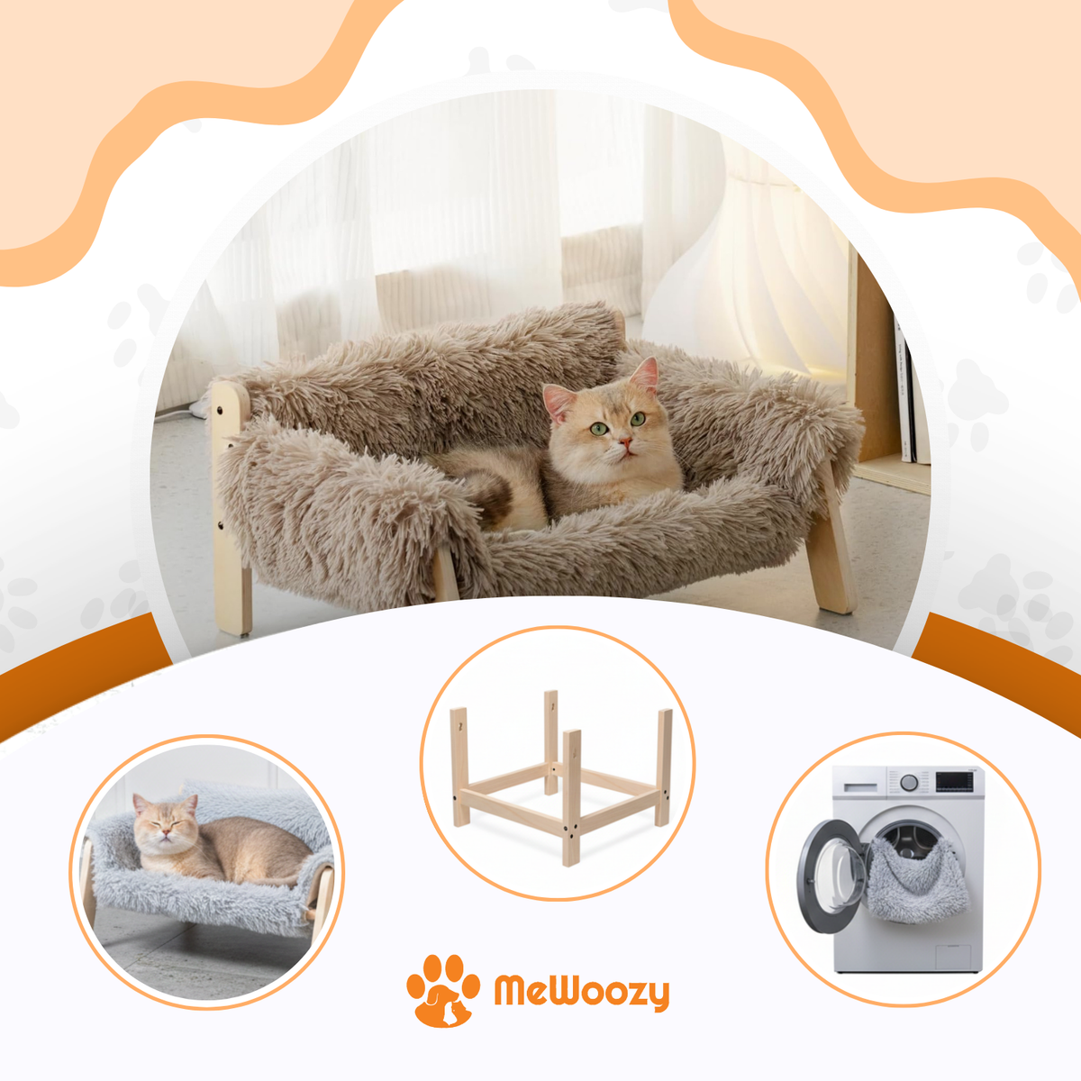 Kattenbank met kat, los houten frame en hoes in de wasmachine