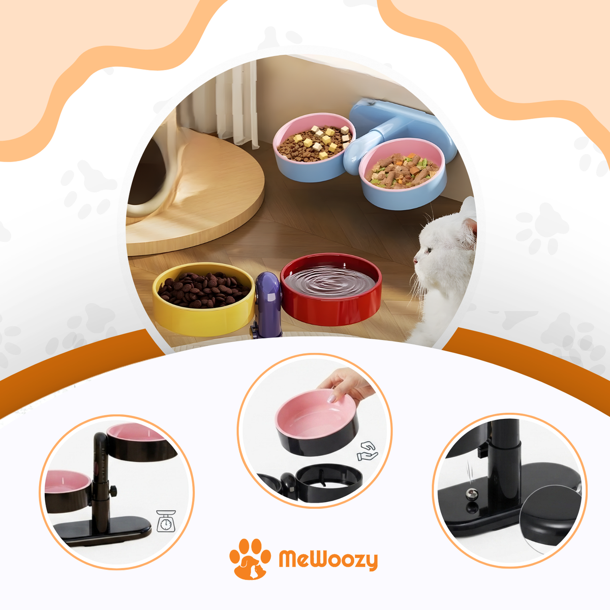 Blauwe en veelkleurige voerbakken met voer naast een witte kat, met detailfoto's