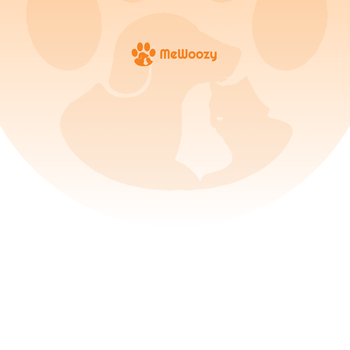 Lichtoranje achtergrond met silhouet van hond en kat en Mewoozy-logo