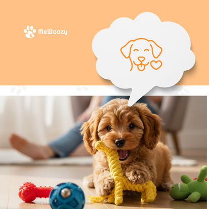 Krullige puppy kauwt op het gele giraf-touwspeeltje tussen ander speelgoed op de vloer