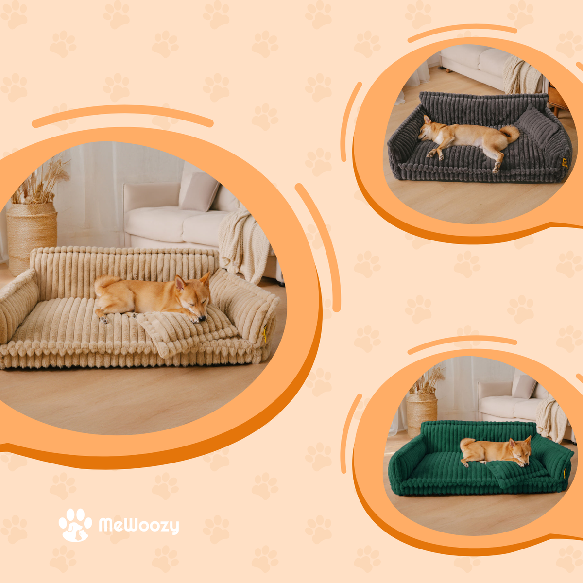 Shiba inu slapend op de hondenmand in camel, donkergrijs en donkergroen