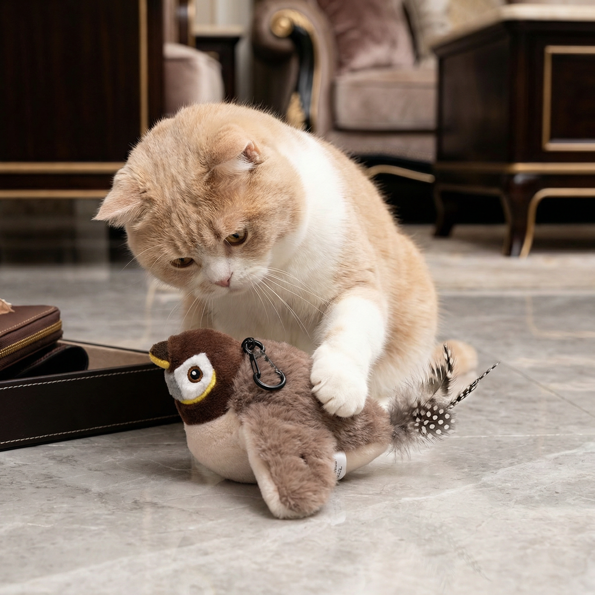 Rood-witte kat speelt met bruin pluche fladderend vogelspeeltje op marmeren vloer