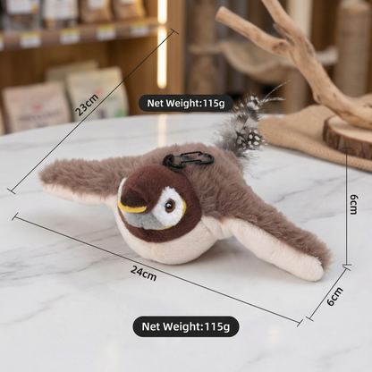 Afmetingen van het vogelspeeltje, 24 bij 23 bij 6 cm en 115 gram