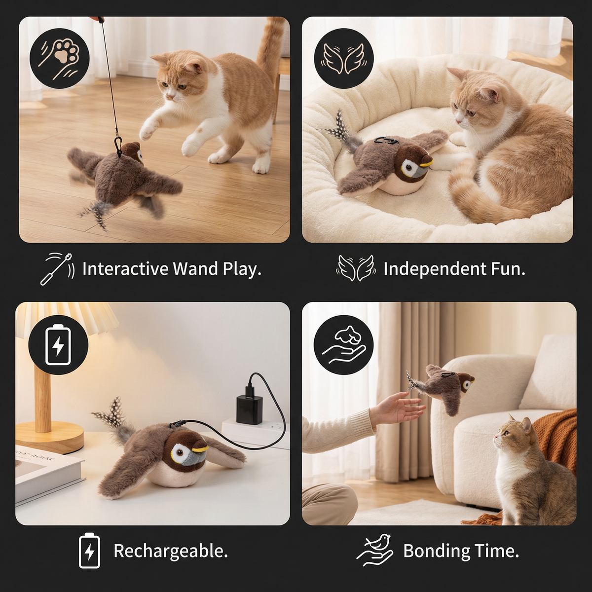 Vier situaties: speeltje aan hengel, in kattenmand, aan oplader en uit de hand