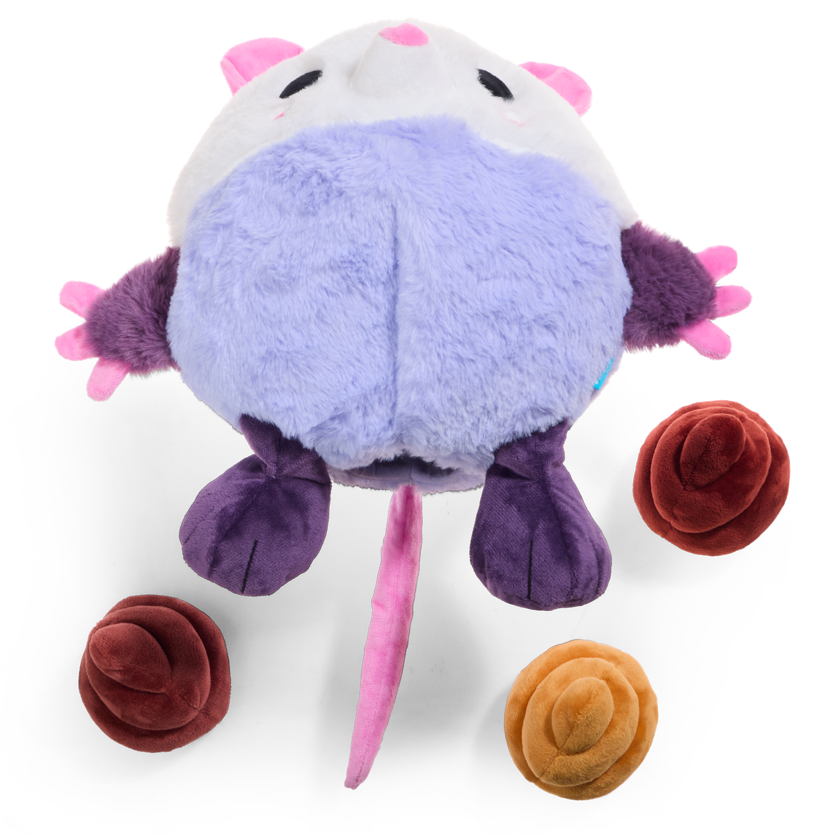 Onderkant van de lila knuffel met paarse pootjes, roze staart en drie piepers