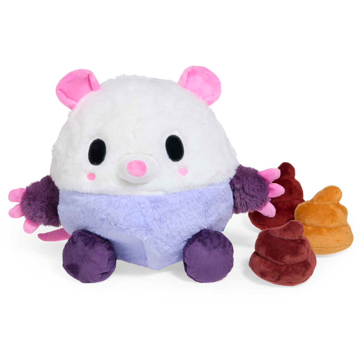 Witte en lila pluchen opossum met roze oren naast drie bruine en oranje piepers