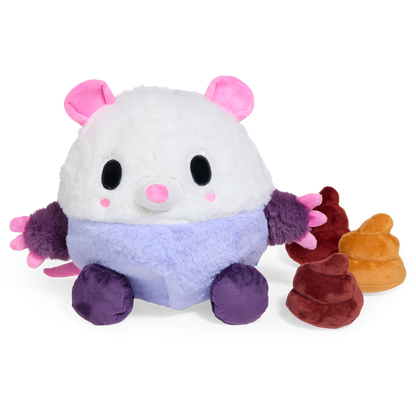 Witte en lila pluchen opossum met roze oren naast drie bruine en oranje piepers