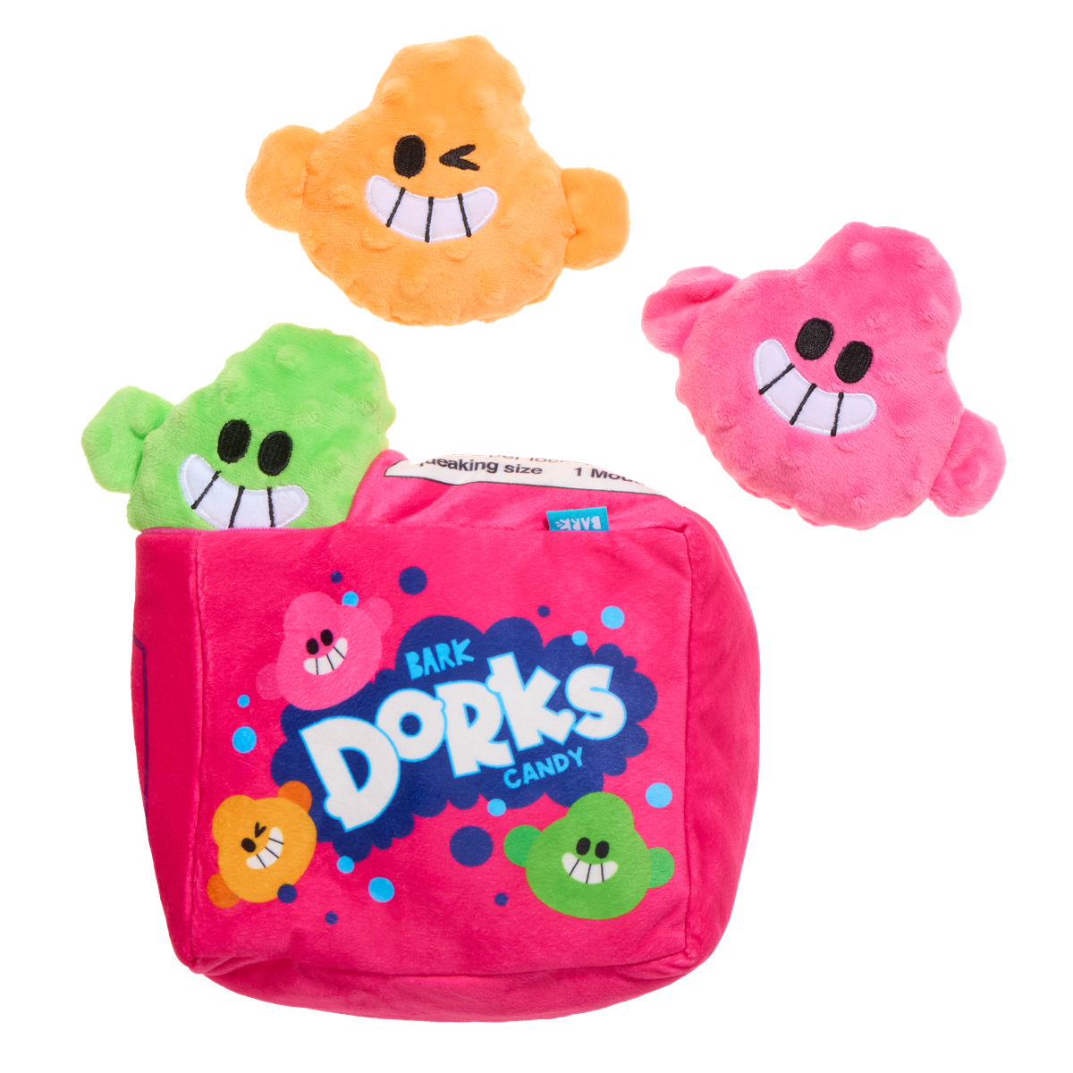 Snuffelspeelgoed voor honden: roze pluche snoepdoos met drie piepende snoepjes