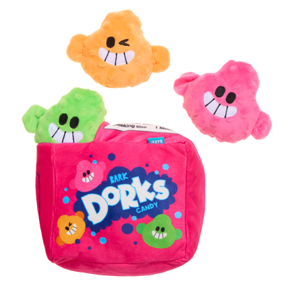 Snuffelspeelgoed voor honden: roze pluche snoepdoos met drie piepende snoepjes