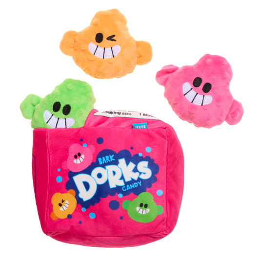 Snuffelspeelgoed voor honden: roze pluche snoepdoos met drie piepende snoepjes