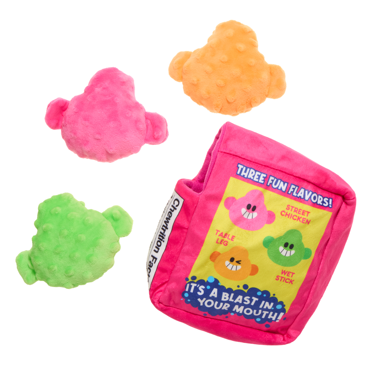 Achterkant van de snoepdoos met tekst over drie smaken en de snoepjes