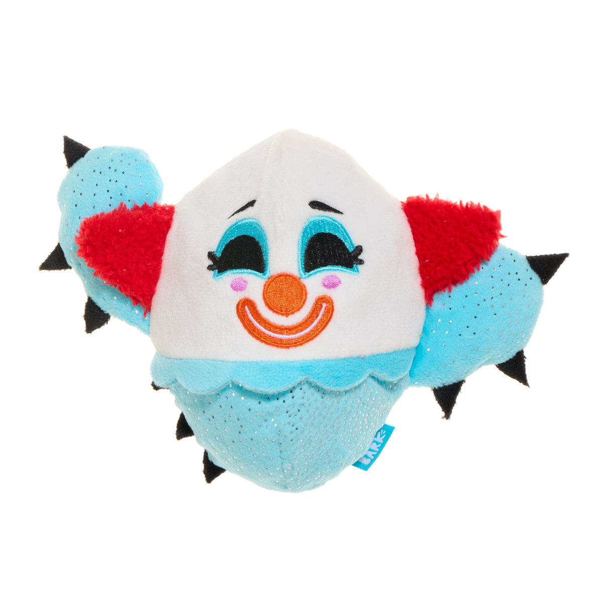 Vooraanzicht van de knuffel met geborduurd clowngezicht en zwarte stekels