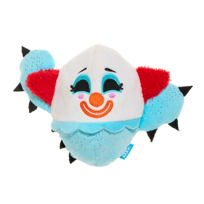 Vooraanzicht van de knuffel met geborduurd clowngezicht en zwarte stekels